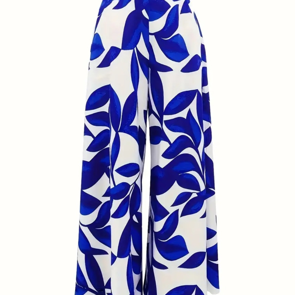 Blue and White Leaf Print Wide-Leg Pants - Picture 2 of 6